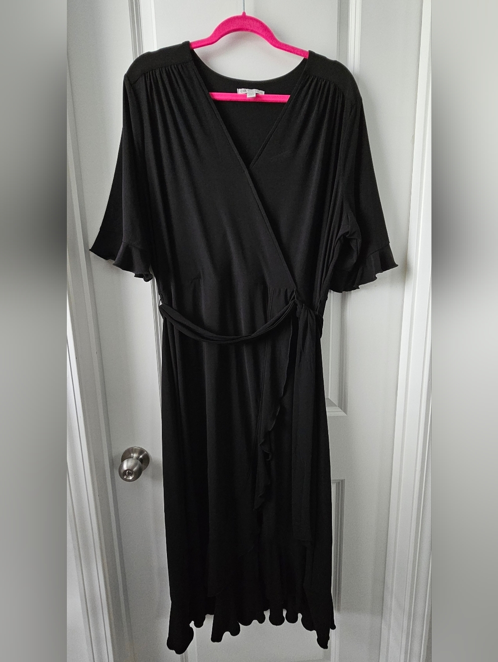 Cato Black Faux Wrap Dress with Ruffle Trim